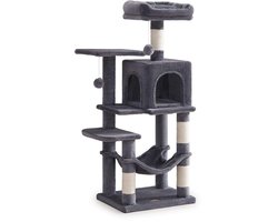Krabpaal: Kattenboomtoren, meerlagig kattenappartement, met 4 krabpalen, 2 platforms, hangmat en kattenmand, stevig houten frame, zachte pluche bekleding, geschikt voor meerdere katten, 45 x 35 x 112 cm, grijs