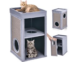 Kattenhol, 3 etages, 69 cm hoog, kattenhuis met krabplank en afneembare mat, kattenbak voor katten tot 15 kg, kattenkrabpaal met holletjes, kattentoren, kattenhok, grijs