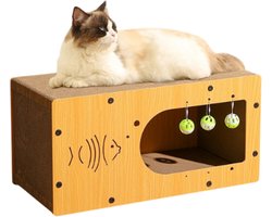 Kattenhuis - Binnen - Krabplank en KattenHuis 2-in-1 – Krappaal - Krabplank voor Katten - Hout - Houten- Kattennest - Krabgedeelte van Golfkarton – 60x30x29cm