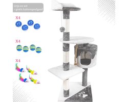 Kattenhuis – Kattenkrabpaal met grot, sisalstammen & speelaccessoires – Katten Speelhuisje – Kattenboom – 112 cm – krabpaal – voor katten – Grijs en wit