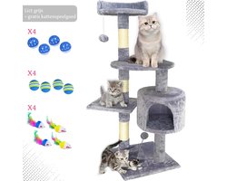 Kattenhuis – Kattenkrabpaal met grot, sisalstammen & speelaccessoires – Katten Speelhuisje – Kattenboom – 112 cm – krabpaal – voor katten – Licht grijs
