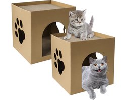 Krabpaal: Kattenhuis Krabpaal - Krabhuis Speelhuis - Spelen Ontspannen - Dubbele Verdieping - 30 cm - Houtkleur
