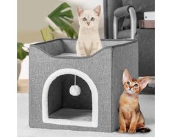 Kattenhuis met Krabpaal - Dierenhuis Bed - Ontspannen Spelen - Twee Verdiepingen - 39x39x38 cm - Grijs