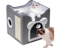 Kattenhuis met Krabpaal - Kattenmand Grot - Binnen Spelen - Dubbele Slaapzone - 39x39x38 cm - Grijs