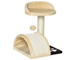 Kattenklimpaal 35,5x37x46 cm Beige Met Sisal Krabpaal, Krabplank, Rustplatform en Hangend Speelgoed Ballen, Zachte Pluche Bekleding, Stevige Houten Frame, Geschikt voor Kleine Katten