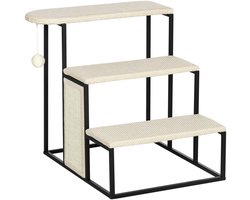 Kattenklimpaal 51x54x53 cm Beige + Zwart met Krabplank, Drie-traps Trappen, Speelbal Duurzaam Staal + Krabvast Sisal Materiaal Geschikt voor Katten Tot 6 kg Biedt Krabben, Spelen of Springen