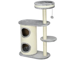 Krabpaal: Kattenklimpaal 59 &times; 35 &times; 100 cm grijs, spaanplaat, kattenboom en krabpaal met springplatform, kattenbed, kattenhuis en speelgoedbal, zacht en comfortabel, geschikt voor katten tot 5 kg.