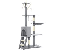 Krabpaal: Kattenklimpaal 60x35x134cm Grijs Spaanplaat Grote Kattenboom Met Kattenhuis 4 Speeltjes Meerdere Platformen Kattenladder Binnen Activiteit Rustplek Krabmeubel Voor Katten Tot 5kg