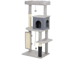 Kattenklimpaal Multifunctionele kattenboom Met krabpalen, kattenbed, kattenhuis en meerdere springplatforms Stijlvol en eenvoudig Stevig houten frame Comfortabel pluche oppervlak Geschikt voor katten om te spelen en te rusten 55x44x132 cm Lichtgrijs