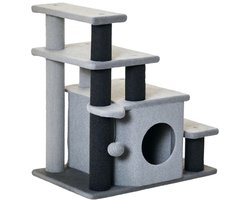 Krabpaal: Kattenklimrek 60×40×66 cm grijs spaanplaat huisdierentrap kattenboom kattentreden met kattenhuis en kattenspeelbal om te vormen tot 3 of 4 niveaus stabiel en duurzaam geschikt voor katten tot 5 kg