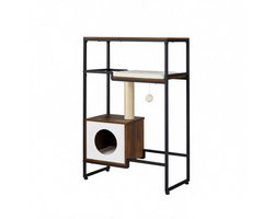 Kattenklimrek 74×34×114 cm bruin zwart comfortabel kattenhuisje met kussen krabpaal stevig metalen frame multifunctionele opbergruimte en decoratie geschikt voor woonkamer en slaapkamer modern minimalistisch