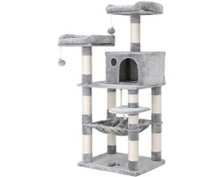 Kattenklimrek Kattenboom Kattentoren 55 x 45 x 143 cm Grijs Met Hangmat Uitkijkplatform Sisal Krabgebied Dikke Pluche Zachte Comfortabele Ervaring Stevig Hoogwaardig Houten Plank Duurzaam Stabiliteit