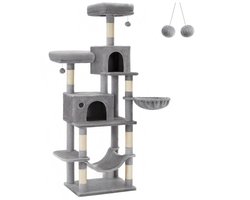 Kattenklimrek Kattentoren 57 x 45 x 175 cm Grijs Met 2 Kattenholen 2 Kattenmanden 5 Krabpalen Verzorgingsgebied Zitstok Hangmat Stevige Constructie Binnenhuis Veilig Betrouwbaar