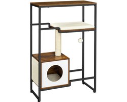 Kattenklimrek opbergrek met comfortabel kattenhuisje met kussen sisal krabpaal stevig metalen frame combineert opbergruimte, decoratie en functionaliteit geschikt voor woonkamer en slaapkamer 74 x 34 x 114 cm bruin zwart