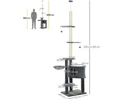 Kattenklimtoren – Krabpaal – Klimtoren – Kattenboom – Speelparadijs – Donkergrijs – Verstelbare Hoogte 220-265 cm – Inclusief Kattenhol en Hangmat