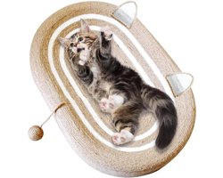 Kattenkrabbed 3-in-1 sisal kattenkrabplank voor binnen, ovaal kattenkrabkussen, duurzaam, krabbaan, loungebed, ronde kom met speelgoedballen voor katten, kittens, puppy's (60 x 39,9 x 8,9 cm)