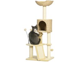 Krabpaal: Kattenkrabboom - Met kattenhol - Met ligplatform - Met speelbal - Afmeting 45x40x116 cm - Kleur bruin/beige
