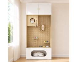 Wandmeubel: Kattenkrabmeubel - Hoge Kattenkast Met Klimwand En Opbergvak - Voor Spelen, Rusten En Opbergen - Spaanplaat - 90x50x200 Cm - Wit En Houtlook