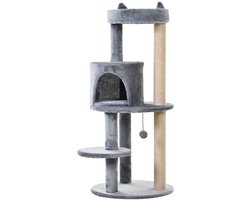 Krabpaal: Kattenkrabpaal 104 cm grijs - met kattenhol - met speelballetjes - met krabplank - sisal krabpalen - tot 4,5 kg