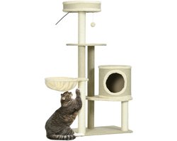 Krabton: Kattenkrabpaal 124 cm &ndash; Krabtoren met Kattenhuis, Speelbal & Sisal Mand &ndash; Beige