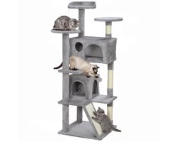 Krabpaal: Kattenkrabpaal - 138 cm hoog - Meerdere niveaus - Met grot en hangmat - Hangende ballen - Lichtgrijs