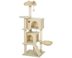 Krabpaal: Kattenkrabpaal 140 cm Met Hangmat, Ladder, Holletje, 2 Pluche Speelballen, Sisalkrabpalen, Kattenboom, Beige, 48x48x140 cm, Meerlaagse Kattentoren Met Knusse Ligplekken, Ruime Schuilplek, Zachte Hangmat, Bovenplatform In Kattenoorvorm, Stevige Anti-K