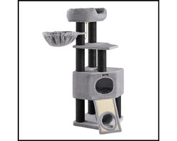 Kattenkrabpaal 141cm – Grote Pluche Kattenboom – Stevige Kolom Ø11,5cm – Anti-Kantel Bescherming – Hangmat & Cave – Tunnel & Sisal Speelpaal – Voor Meerdere Katten – Luxe Multifunctioneel