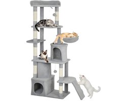 Krabton: Kattenkrabpaal 170 cm – Krabtoren met Kattenhuis, 2 Pluche Bollen & Sisal Stammen – Lichtgrijs