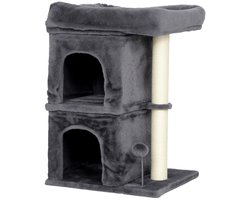 Krabpaal: Kattenkrabpaal 66 cm Met 2 Slaapholletjes, Platform, Sisalkrabpalen, Compacte Kattenboom, Donkergrijs, 45x40x66 cm, Ruim Ligplateau Voor Grote Katten Tot 7 kg, Priv&eacute; Schuilplekken, Verticale Kattenspeelplaats, Inclusief Speelbal, Zachte Bekleding, St