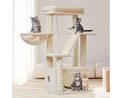 Krabpaal: Kattenkrabpaal 98 cm – Kattenboom – Krabpaal Kat – Katten Krabmeubel – 4 Krabpalen – Kattenhuis – Kattenmand – 2 Niveaus – Krabplank – Speelballen – Sisal – Voor Binnen – Beige