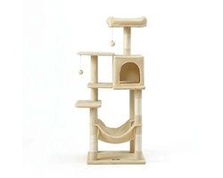 Krabpaal: Kattenkrabpaal Binnenkattenboom Zachte pluche bekleding Ontwerp met meerdere niveaus voor klimmen Stevig en duurzaam Met platform+kattenbed+hangmat+krabpalen+2 hangende speelgoedballen Eenvoudig te monteren 55 x 45 x 143 cm Beige