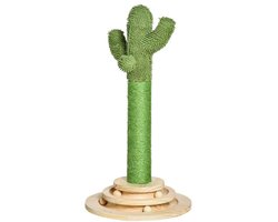 Kattenkrabpaal cactus kattenboom 32x32x60cm groen+naturel, stevig houten onderstel, met krasbestendige sisaltouw en houten bal katten speelgoed, comfortabel zacht pluche oppervlak, compact en stabiel, geschikt voor binnenshuis spelen