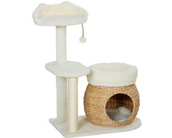 Krabpaal: Kattenkrabpaal Hamsterkooi 2 Verdiepingen Knaagdierenkooi met Opbergruimte Speelaccessoires Houten Hamsterverblijf met Rampe Wip Huisje en Drinkfles 84 x 53 x 110 cm Natuurlijk Hout