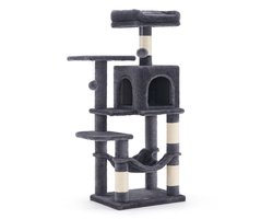 Krabpaal: Kattenkrabpaal Kattenboom 45x35x112cm grijs Meerdere niveaus met 4 krabpalen 2 platforms hangmat en kattenhuisje Voorzien van kantelbeveiliging Stevige constructie met zachte pluche bekleding voor huishoudens met meerdere katten en binnenruimtes