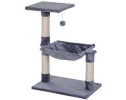 Kattenkrabpaal Kattenboom Inclusief hangmat Met sisal krabpalen, pluche hangmat en speeltje Comfortabel pluche oppervlak Stevig houten frame Binnenkatten speel- en rustplaats 50x36x70 cm Grijs