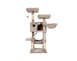 Kattenkrabpaal Kattenklimrek Met Pluche 49 x 49 x 135cm Lichtbruin Multifunctioneel Klim- Krab- en Rustplatform Met Kattenhuisje en Hangmat Hoge Stabiliteit Geschikt Voor Binnenkatten Om Te Spelen en Te Ontspannen