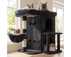 Krabpaal: Kattenkrabpaal - Kattenmeubel - Spelen en rusten - Dubbele villa - 65 cm hoog - Grijs