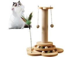 Krabpaal: Kattenkrabpaal - Krabmeubel - Spelen en krabben - 4-in-1 interactief ontwerp - 40x25x25cm - Houtkleur