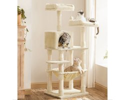 Kattenkrabpaal - Krabpaal - Kattenmeubel - Stabiele bodemplaat - Sisalpalen - Pluche hoes - Gezellig kattenhuis - Uitkijkplatforms - Hangmat - Middelgroot - Trapontwerp - Beige - MDF, Pluche, Sisal - 55cm x 45cm x 143cm
