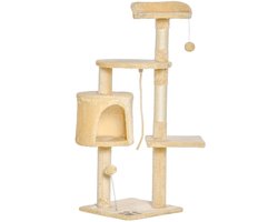 Kattenkrabpaal - Krabpaal - met Huisje - Meerdere Niveaus - Platforms en Speelballen - 114 cm Hoog - Stevig en Duurzaam - Beige