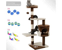 Kattenkrabpaal met grot, sisalstammen & speelaccessoires – 112 cm – krabpaal – voor katten – Bruin en beige
