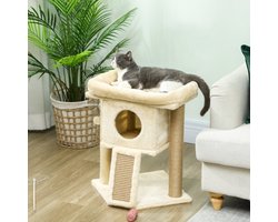 Krabpaal: Kattenkrabpaal met Jute Krabmat, Kattenhuis, Ligplateau en Speelbal, Kattenboom met Zachte Pluche Bekleding, Kattenmeubel voor Katten tot 5 kg, 40 x 40 x 57 cm, Beige