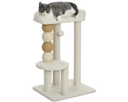 Kattenkrabpaal met ligbed bovenop, platform en speelbal, krabpaal voor katten van hout, pluche en jute, 48,5x40x76 cm, beige