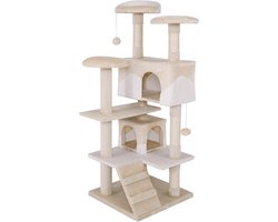 Kattenkrabpaal met Platforms en Speelballen - 130 cm Hoog - Beige/Wit