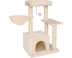 Kattenkrabpaal met Pluche Bal en Ligplek - 85 cm Hoog, Geschikt voor Kleine en Grote Katten, Beige
