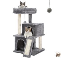 Kattenkrabpaal met Sisal Touw - Pluche Ligbed en Speelhuis met Holletjes - Interactief Kattenmeubel voor Binnen - Speelgoed voor Katten - Grijs