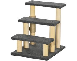Krabpaal: Kattenkrabpaal met trap - 3 treden - Inclusief speelbal - Geschikt voor klimmen en krabben - Kleur grijs/hout - Afmeting 45x40x48 cm
