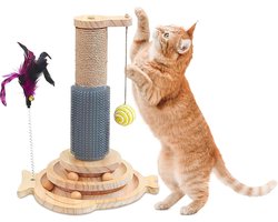 Kattenkrabpaal, multifunctionele kattenkrabpaal met sisaltouw, hout, kleurrijk, met balbaan, krabstam, massageborstel, veer- en hangspeelgoed, 40 x 28,5 x 31 cm