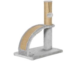 Kattenkrabpaal multifunctionele mini kattenklimpaal 34x24x43cm grijs met hangende belbal en krabplank, stevig houten frame, comfortabele zachte pluche bekleding, modern minimalistisch design, geschikt voor binnenshuis spelen