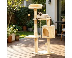 Krabpaal: Kattenkrabpaal Speelparadijs &ndash; 4 Lagen Met Huisje En Hangmat &ndash; 40 X 40 X 114 Cm &ndash; Pluche En Sisal &ndash; Beige &ndash; Voor Klimmen, Krabben En Rust